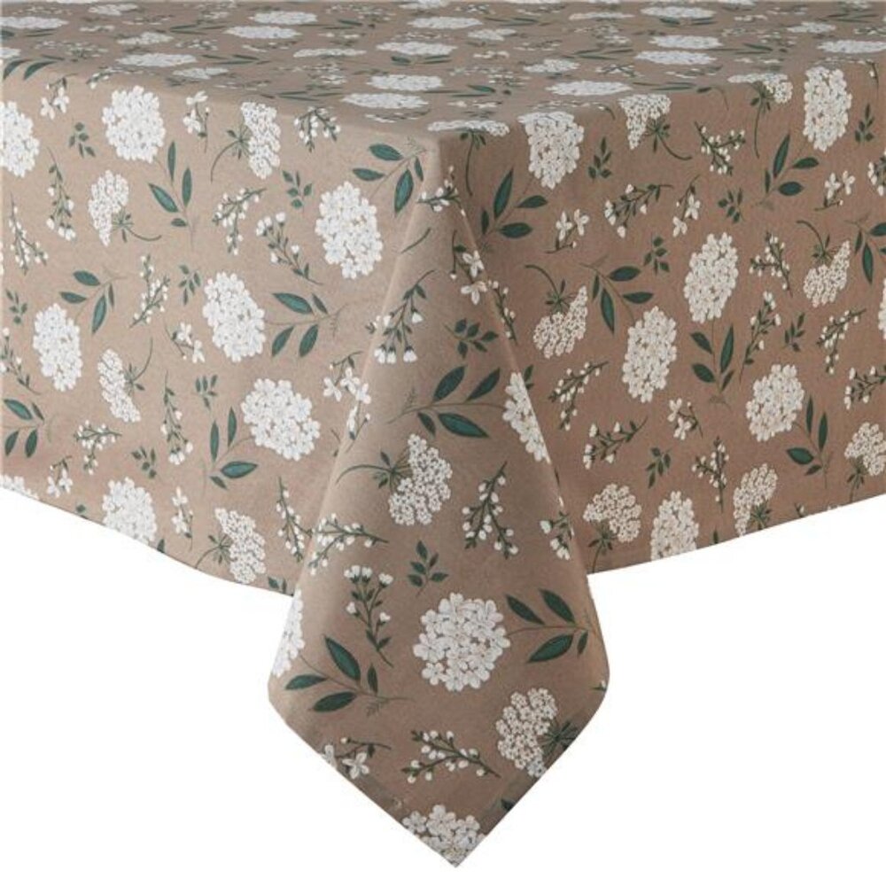 Farmhouse Tablecloth Summer Floral Brown Fabric, 60" x 84" Hydrangea